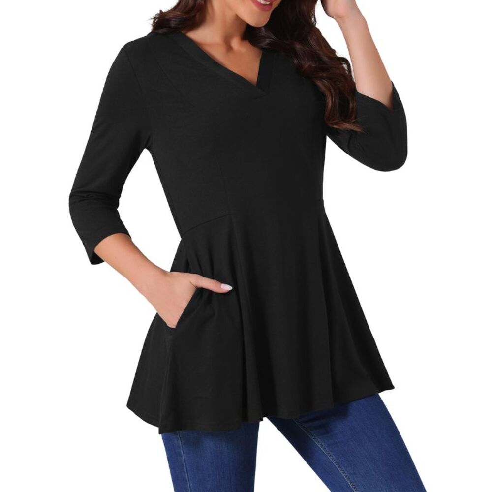V Neck 3/4 Sleeve Tops Fall Casual T Shirts A Line Basic Blouses Black